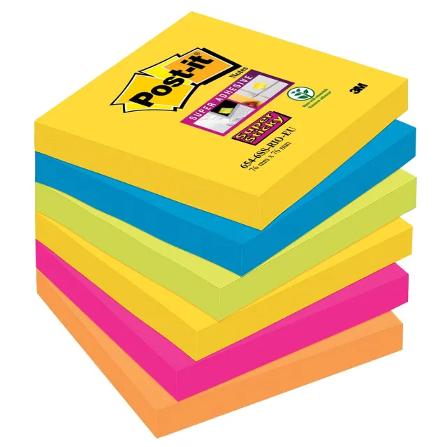Post-It Memoblok post-it 654 super sticky 76x76mm carnival 6 stuks blauw