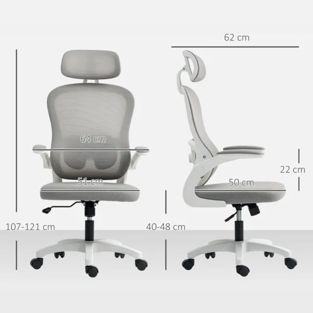 MODENUIT Bureaustoel 64 cm - Hoogteverstelbaar Met Wipfunctie - Thuiswerkplek - Netstof Rugleuning - Grijs