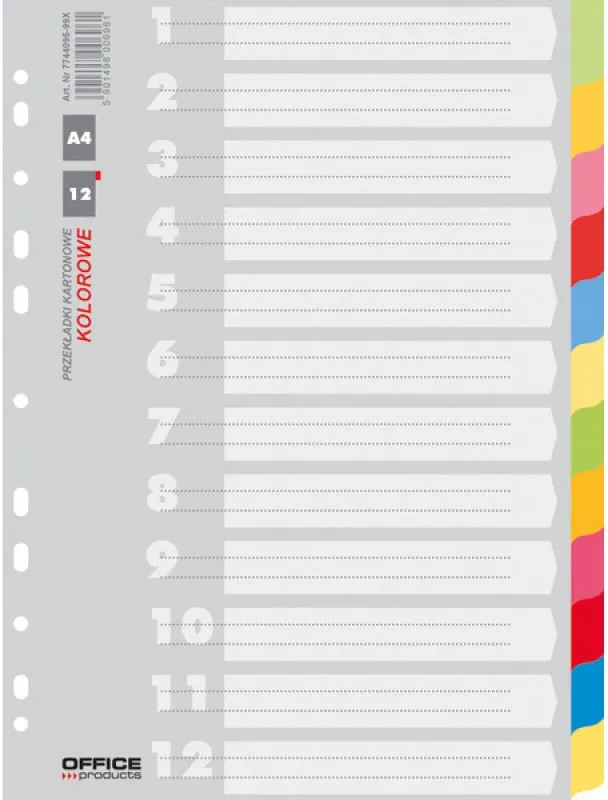 Office Products tabbladen, A4, karton, 11-gaatsperforatie, geassorteerde kleuren, 12 tabs