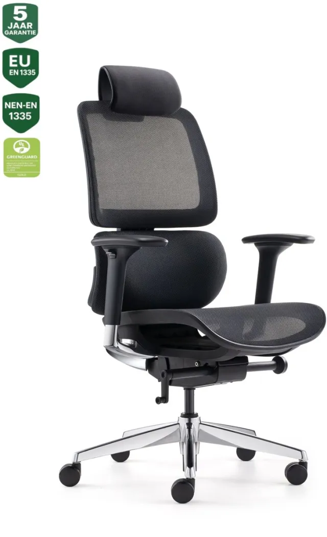 Bens 839DH-Synchro-3 - Luxe Ergonomische Bureaustoel - Bureaustoel voor volwassenen - met Hoofdsteun - Kantoorstoel - Gepolijst Aluminium Voetenkruis - GREENGUARD GOLD - NEN-EN1335 & ARBO normen Diep Grijs incl. Hoofdsteun