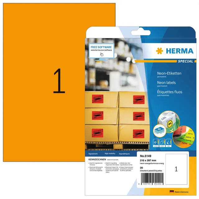 Herma Etiket HERMA 5149 210x297mm A4 fluor oranje 20 stuks