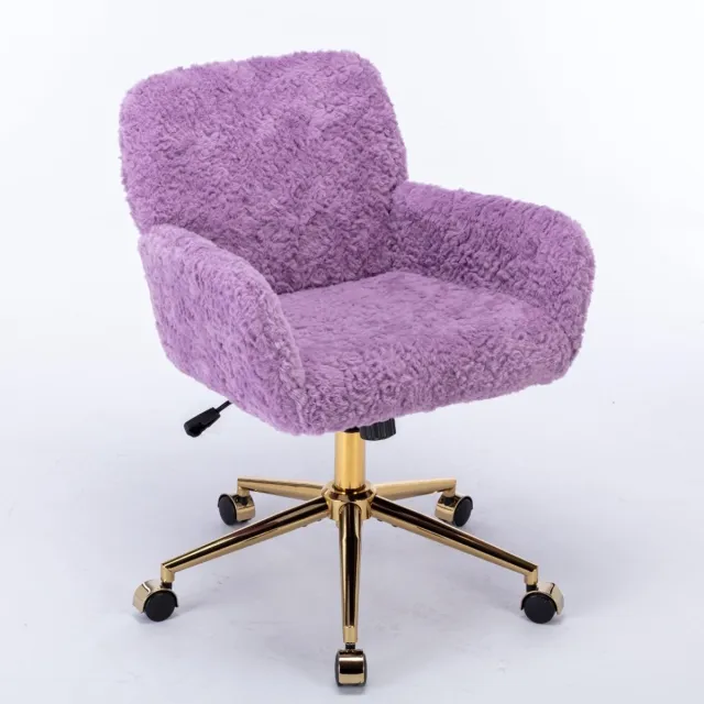 Ropilly Paarse Pluche Make-up Stoel - In Hoogte Verstelbare Bureaustoel - 360 Graden Draaibaar - Kantelfunctie - Met Armleuningen - Slaapkamer - 61x60x90cm - Paars