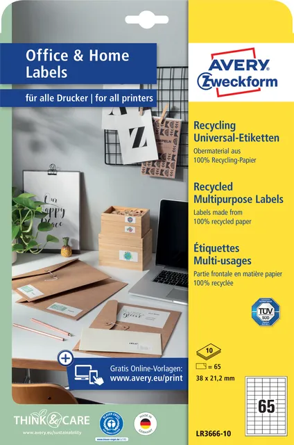 Avery Zweckform Etiket Avery LR3666-10 38x21.2mm recycled wit 650 stuks