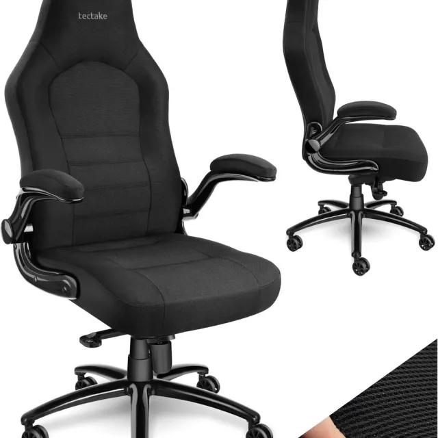 Tectake Bureaustoel - Ergonomische draaistoel met opklapbare armleuningen en wipfunctie - In hoogte verstelbaar - Directiestoel - Stoffen bekleding - PC-stoel - Comfortabel en Functioneel - Maximale belastbaarheid 150 kg - Zwart