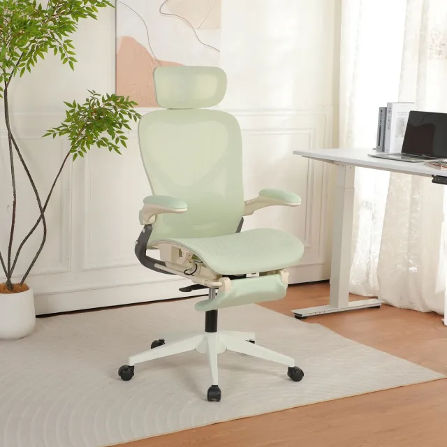 Vankel Opvouwbare ergonomische bureaustoel-3D verstelbare hoofdsteun-verstelbare lendensteun-ademende mesh bekleding-draaibare armleuningen-uittrekbare voetensteun-kantelfunctie-bureaustoel voor kantoor studie en gaming - groen
