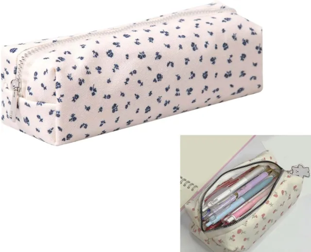 KZQ Schattige pennenzak esthetisch donkerblauwe bloemenprint voor studenten potlood etui opbergtas voor pennen munten en make-up kantoororganizer voor kinderen tieners school donkerblauwe bloemen
