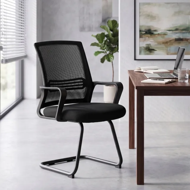 MIVRAY Vergaderstoel 58,5 x 57,5 x 93 cm - Set van 2 Zonder Wielen Met Vaste Armleuningen - Voor Vergaderruimtes en Wachtruimtes - Gaas Zwart