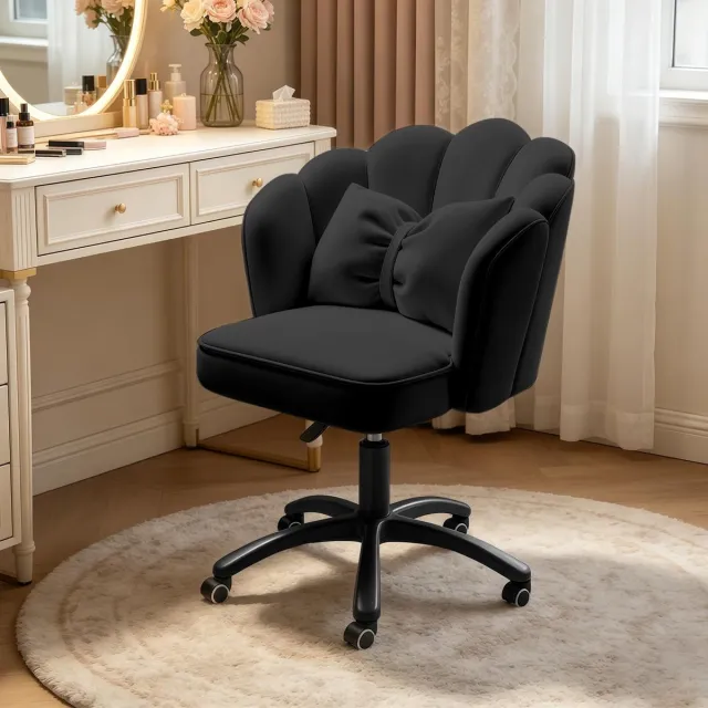 Famanu Schattige bureaustoel van fluweel met strikkussen, vlinder vanity stoel voor slaapkamer, computer werkstoel met rugleuning, zwart