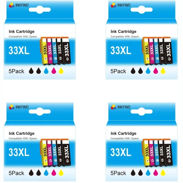INKFIND 33XL inktcartridge voor Epson 33XL T3351 T3361 T3362 T3363 T3364 inktcartridge multipack 20 stuks (4*5pack=Zwart x 4, foto zwart x 4, Cyaan x 4, Magenta x 4, Geel x 4) voor Epson Expression Premium XP-530, XP-540, XP-630/635/640/645/830/900