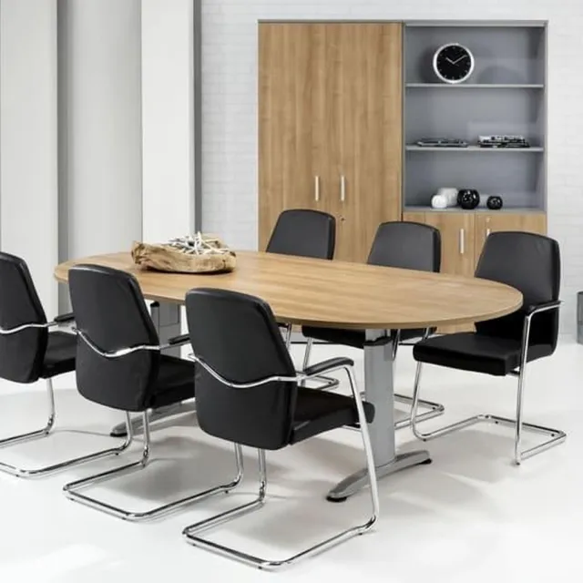 ABC Kantoormeubelen Hoogte verstelbare ovale t-poot vergadertafel Work breed 240CM diep 120CM bladkleur Ahorn framekleur Antraciet (Ral 7016) Antraciet (Ral 7016)/Ahorn