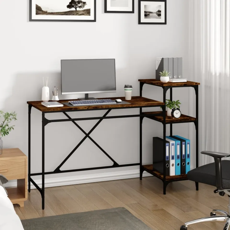 vidaXL Bureau 135x50x90 cm bewerkt hout en ijzer gerookt eikenkleurig, foto 3