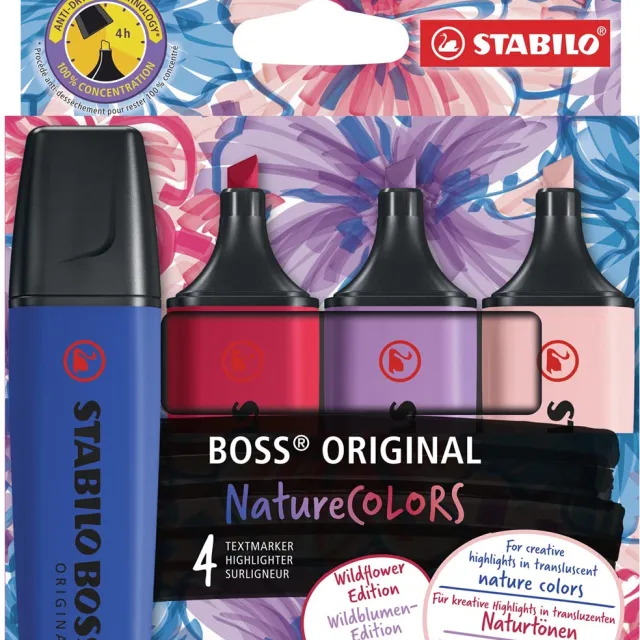 Stabilo BOSS ORIGINAL NatureCOLORS Wildflower markeerstift, etui van 4 stuks, assorti