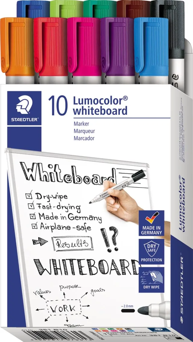 Staedtler Lumocolor whiteboardmarker, doos van 10 stuks in geassorteerde kleuren blauw