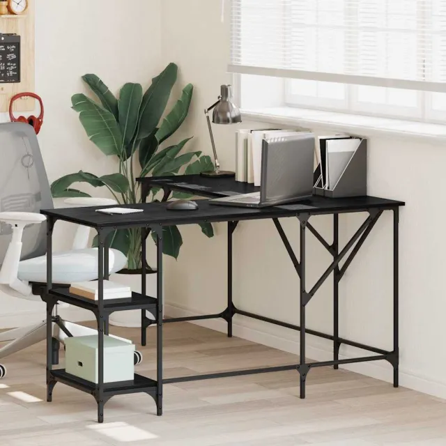 vidaXL Bureau Zwart Eiken 139 x 139 x 75 cm Bewerkt hout, foto 2