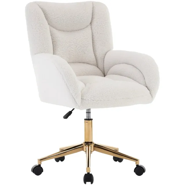 RosaBloom Bureaustoel - Draaistoel - Werkstoel - In Hoogte Verstelbaar - Ergonomisch Design - 64x62x93 cm - Teddy-stof & Metaal - Wit & Goud