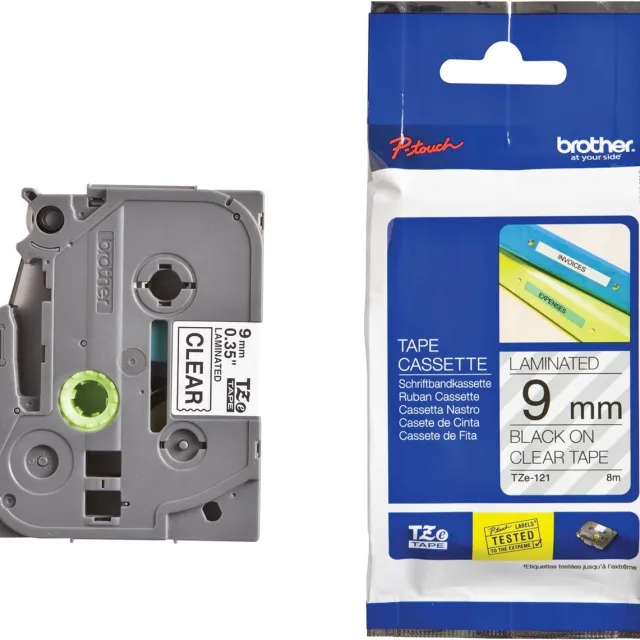 Brother Black on Clear Gloss Laminated Tape, 9mm Transparant