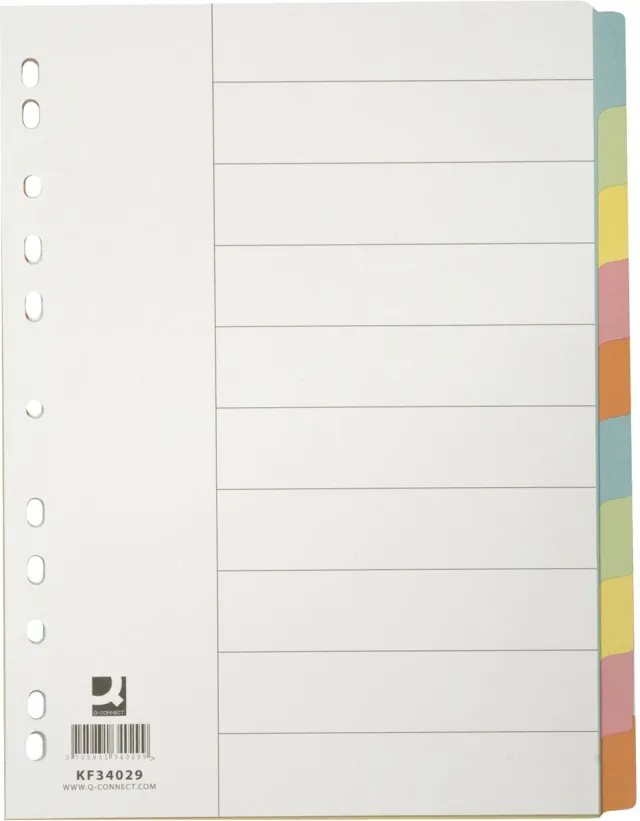 Q-CONNECT tabbladen, A4, karton, 11-gaatsperforatie, 10 tabs, geassorteerde kleuren blauw