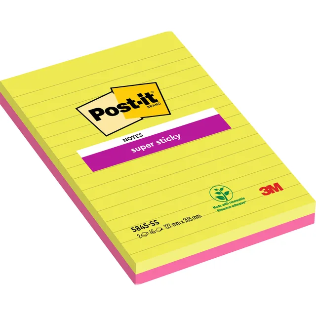 Post-It Memoblok 3M Post-it 5845 Super Sticky 127x203mm lijn assorti kleur 90 vel
