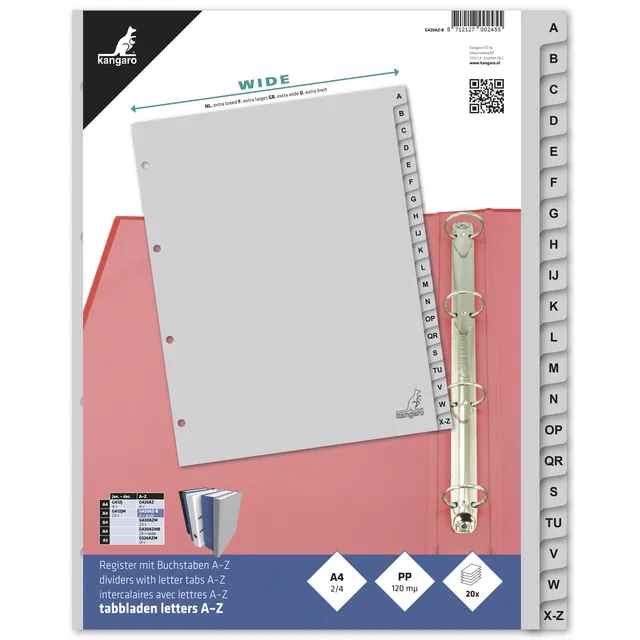 Kangaro Tabbladen Kangaro A4 4-gaats 20-delig A-Z breed PP grijs