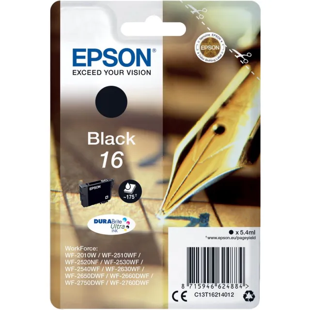 Epson inktcartridge 16, 175 pagina's, OEM C13T16214012, zwart 10 stuks