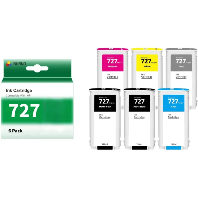 INKFIND 727 Zwart x 2+Kleur x 4 vervangt HP727 HP 727 B3P19A B3P20A B3P21A B3P22A B3P23A B3P24A inktcartridge hoge capaciteit - 6-pack PBKCMYMBK foto Zwart x 1, Magenta x 1, Cyaan x 1, Geel x 1, Matte Zwart x 1, Grey x 1