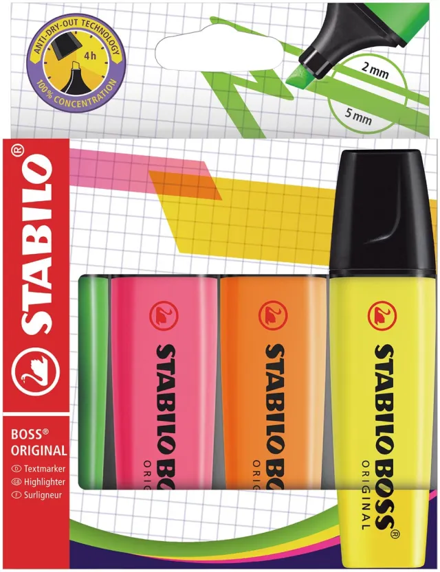 Stabilo BOSS ORIGINAL markeerstift, kartonnen etui van 4 stuks in geassorteerde kleuren geel