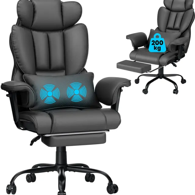 Hoffree XXL Ergonomische Leren Bureaustoel Upgrade met Voetensteun en Massage, Hoge Draaibare Stoel met Verstelbare Hoofd- en Armleuningen, 165° Kantelbaar, tot 200 kg, Grijs Grijs + Massage