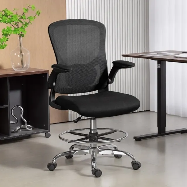 REDOM Bureaustoel - Ergonomische lendensteun - Opklapbare armleuningen en mesh rugleuning - Draaibaar met wielen - Homeoffice - Mesh - Zwart - 60 x 60 x 132 cm