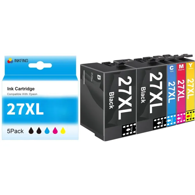 INKFIND 27XL inktcartridge 5 Pack (Zwart*2+Cyaan+Magenta+Geel) compatibel met Epson T2711 T2712 T2713 T2714 voor Epson Workforce WF3620WF, WF3640DTWF, WF7110DTW, WF7210DTW, WF7610DWF, WF7710DWF, WF7715DWF, WF7720DTWF -5-pack BK*2+C/M/Y*1 Zwart x 2, CYAAN x 1, MAGENTA x 1, GEEL x 1