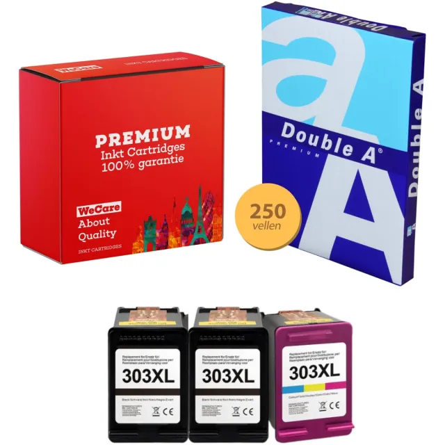 WeCare 3-pack Geschikt voor HP 303XL Inktcartridges + pak DoubleA papier - Geschikt voor HP Envy 6255 - 6222 - 6234 - 7155 - 7858 - 7220 - 6230 Multipack 2x Zwart + Kleur