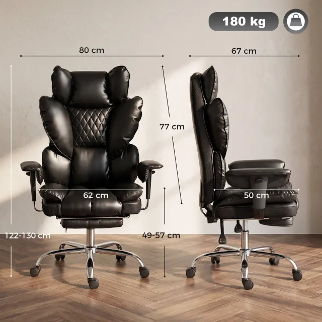 MUVANO Bureaustoel met pocketvering - Kunstleer - Verstelbare armleuningen - Zitbreedte 62 cm - Uitschuifbare voetensteun - Tot 180 kg - Voor kantoor zwart