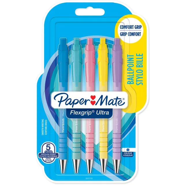 Paper Mate balpen Flexgrip Pastel RT, medium, blauwe inkt, blister van 5 stuks, assorti
