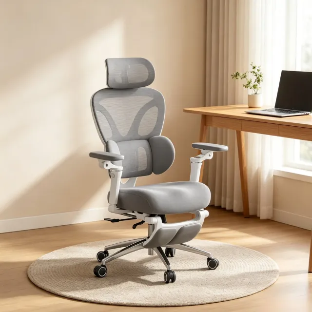 MIVRAY Ergonomische Bureaustoel 68,5 cm - Met 3D Hoofdsteun, Lendensteun en Voetsteun - Voor Thuiswerkplek - Mesh Metaal Grijs