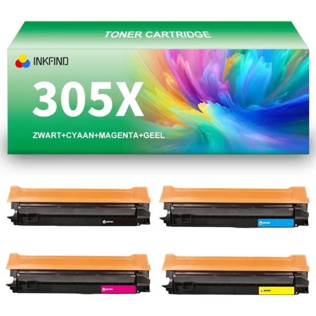INKFIND 305X (CE410X-CE411A-CE413A-CE412A) tonercartridge multipack van 4 stuks (Zwart+Cyaan+Magenta+Geel) compatibel met HP 305X 305A (CE410X/CE410A-CE411A-CE413A-CE412A) voor HP LaserJet Pro M351a/M375nw;LaserJet Pro M451nw/dn/dw/MFP M475dn/M475dw Zwart x1, Cyaan x 1, Magenta x 1, Geel x 1