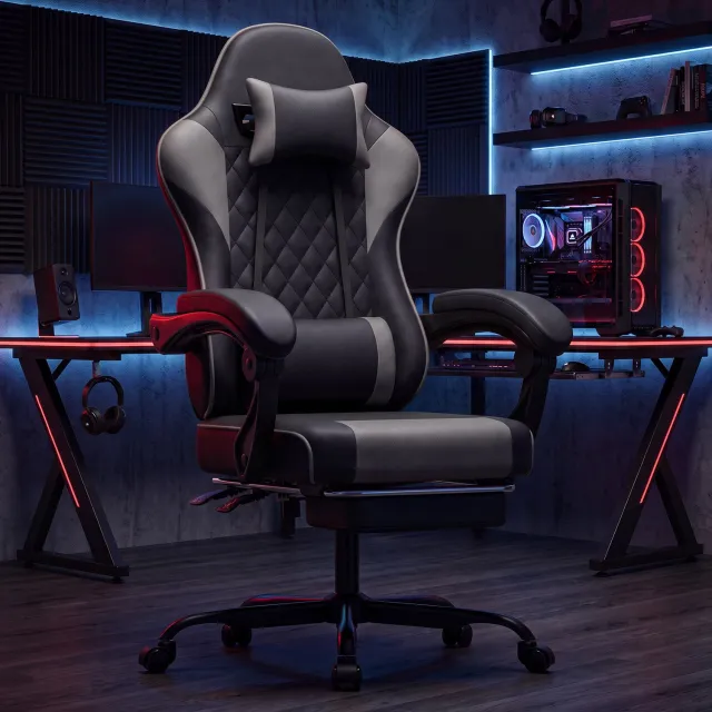 REDOM Gamingstoel - Ergonomische rugleuning met lendensteun - Verstelbare hoofdsteun en voetsteun - PVC-bekleding - Zwart en Grijs - 66 x 54 x 120,5 cm