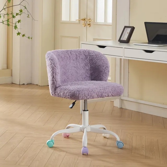 Clruro Bureaustoel - Verstelbaar - Fluffy Draaistoel met Stille Wielen - Kunstbont - Paars