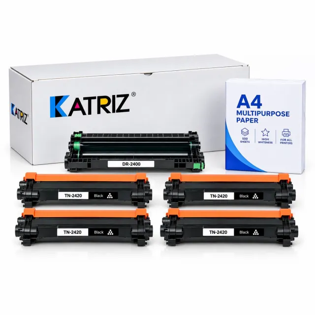 KATRIZ huismerk 1x DRUM DR2400 + 4x TONER TN2420 + Kopieerpapier-A4-80GR-500vellen-wit | Geschikt voor Brother DCP-L2510D / DCP-L2530DW/DCP-L2550DN/HL-L2310D/HL-L2350DW/HL-L2375DW/MFC-L2710DW/MFC-L2730DW/MFC-L2750DW 4 x Zwart