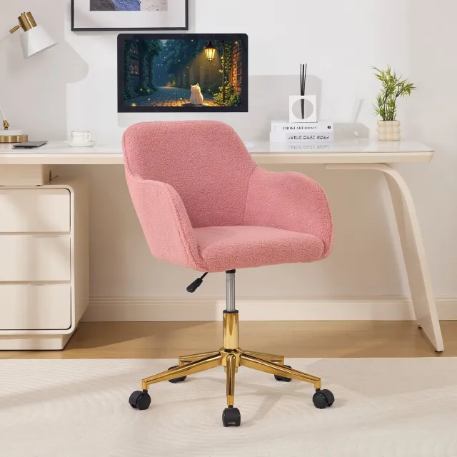 Clruro Bureaustoel - 58x58x86 cm - Draaibaar - Gouden Onderstel - Teddy en Metaal - Roze Clruro