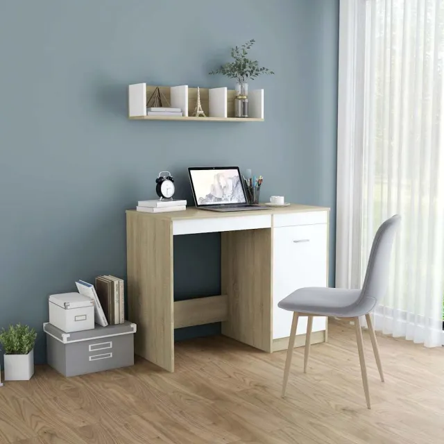 vidaXL Bureau 100x50x76 cm bewerkt hout wit en sonoma eikenkleurig, foto 2