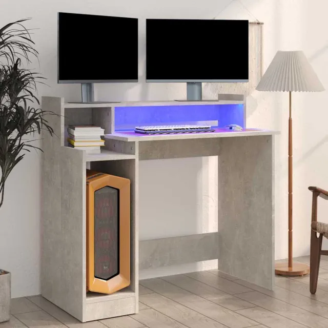 vidaXL Bureau met LED-verlichting 97x45x90 cm bewerkt hout betongrijs grijs, foto 2