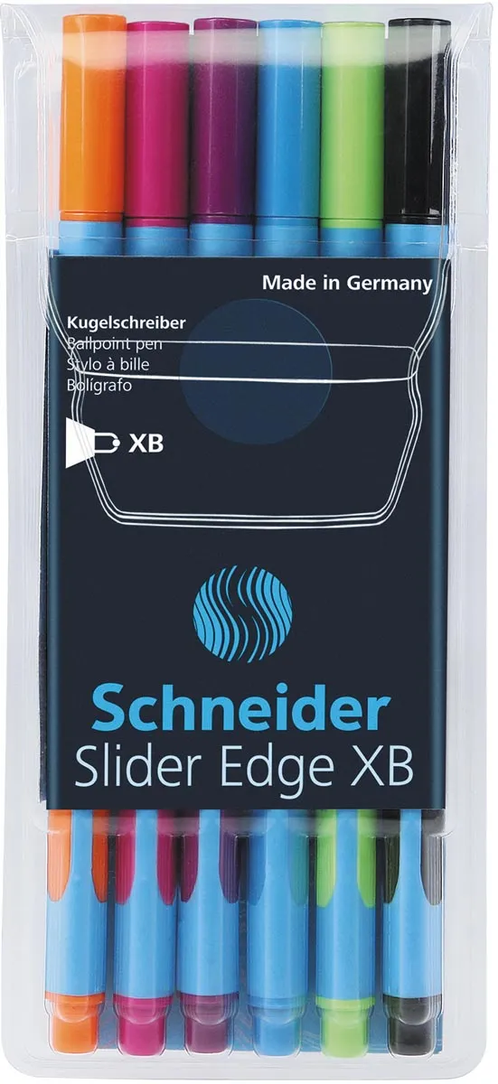 Schneider balpen Slider Edge, extra breed, geassorteerde kleuren, etui van 6 stuks blauw