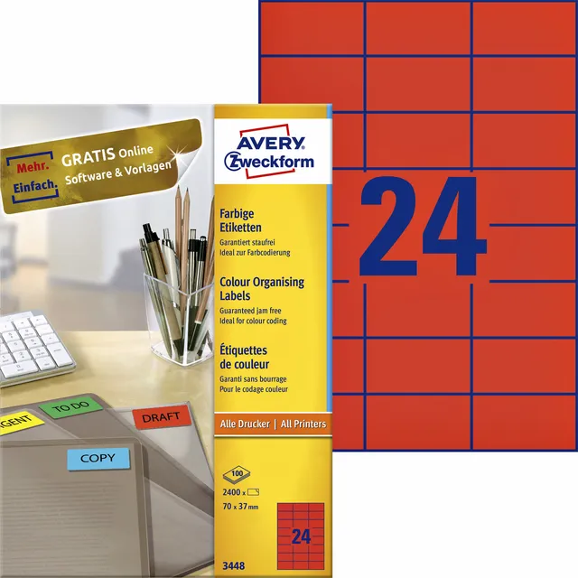 Avery Zweckform Etiket Avery 3448 70x37mm rood 2400 stuks