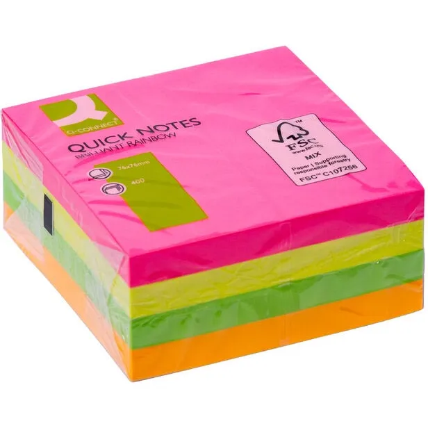 Q-CONNECT Quick Notes, ft 76 x 76 mm, 400 vel, geassorteerde neonkleuren geel