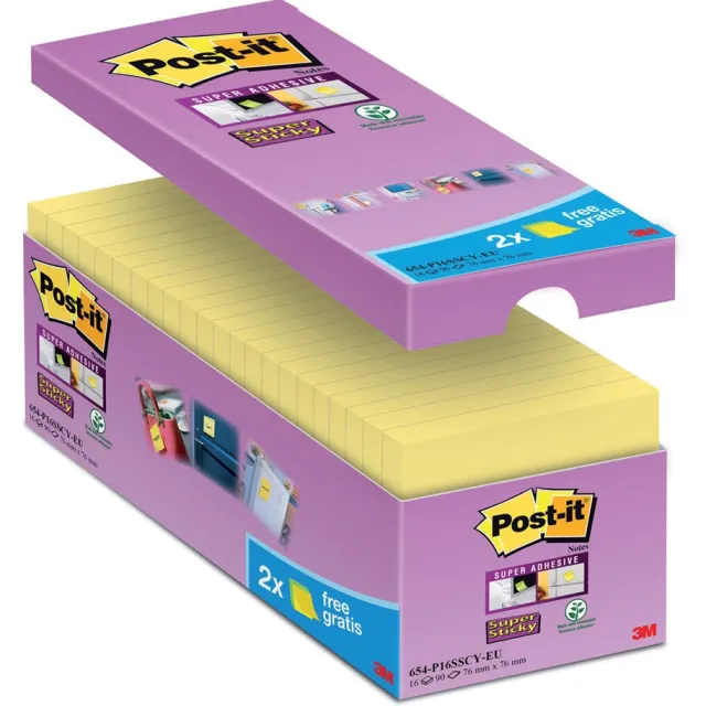 Post-it Super Sticky notes, 90 vel, ft 76 x 76 mm, geel, pak van 14 blokken + 2 gratis