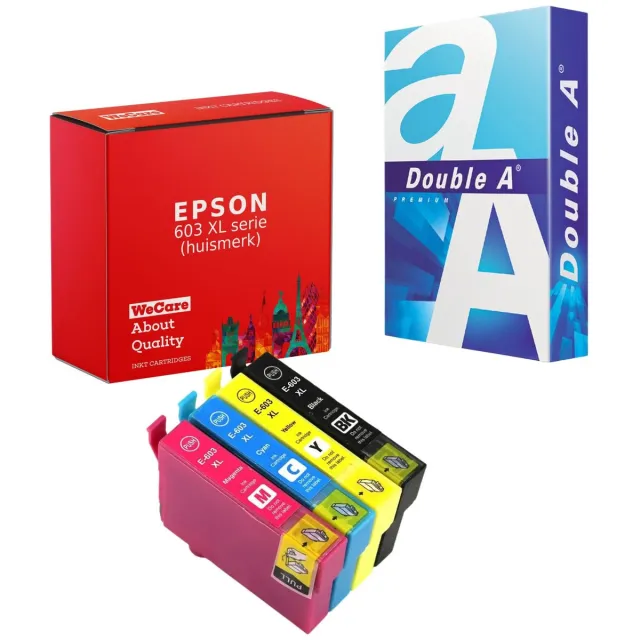 WeCare 4-pack 603 | Geschikt voor Epson 603XL inktcartridges + pak papier - Geschikt voor Epson Expression Home XP2100 - XP2150 - XP3100 - XP3150 - XP4100 - XP4150 - WF-2810DWF - WF-2820DWF - WF-2830DWF Multipack 4 cartridges | BK C M Y