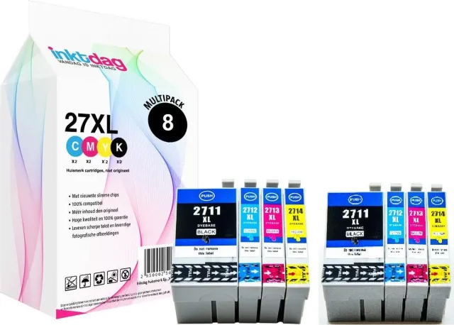inktdag inktcartridges voor Epson 27XL multipack van 8 kleuren Voordeelbundel Hoge voor Epson Workforce WF3620WF, WF3620DWF, WF3640DTWF, WF7110DTW, WF7210DTW, WF7610DWF, WF7615DWF, WF7620DTWF, WF7710DWF, WF7715DWF, WF7720DTWF 2 X T2711 Zwart (22 ml )