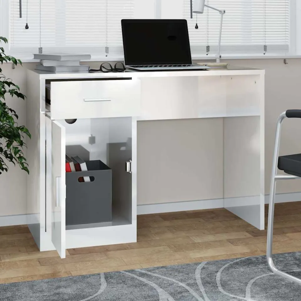 vidaXL Bureau met kast en lade 100x40x73 cm bewerkt hout hoogglans wit, foto 3