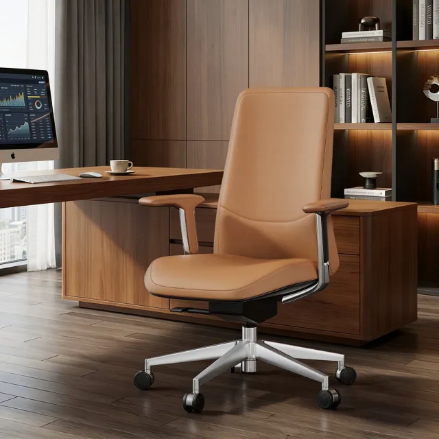 MIVRAY Bureaustoel 67 x 63,5 x 100 cm - Kantelbaar Tot 127 Graden Met Wielen - Voor Kantoor En Thuiswerkplek - Leer Bruin
