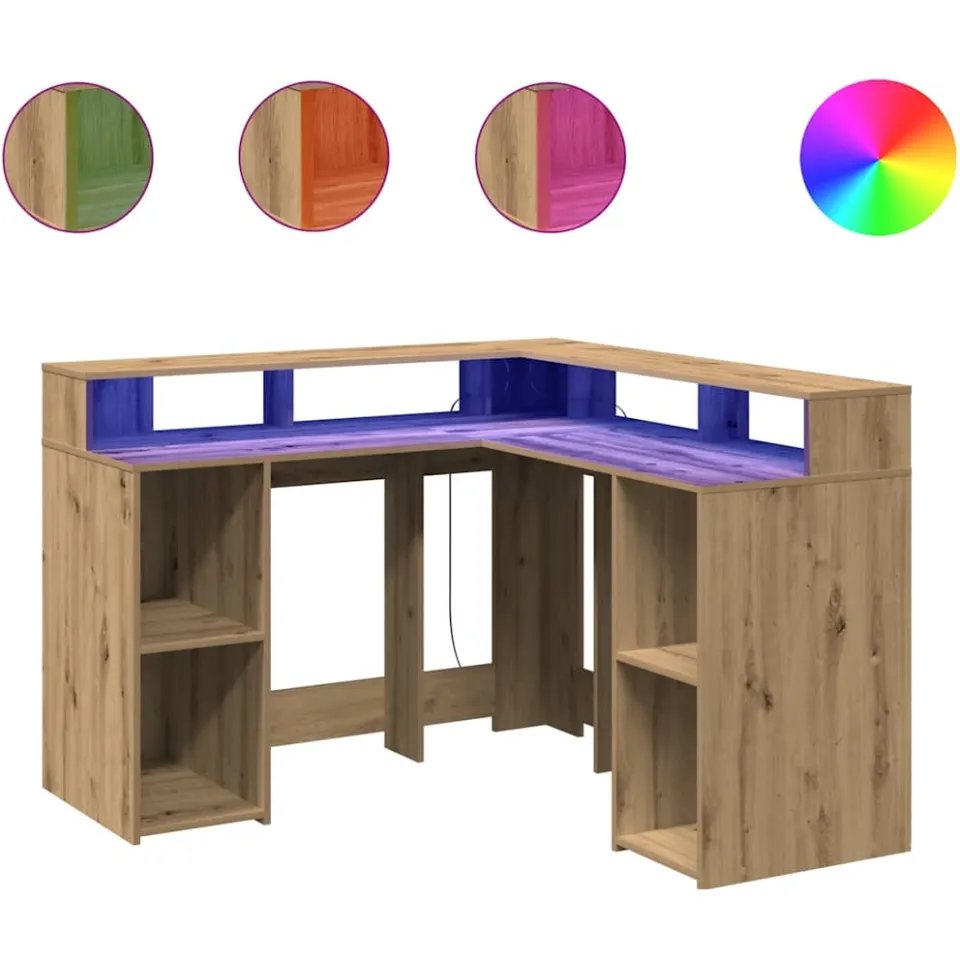 vidaXL Bureau met LED-verlichting 130x130x91 cm hout artisanaal eiken, foto 3