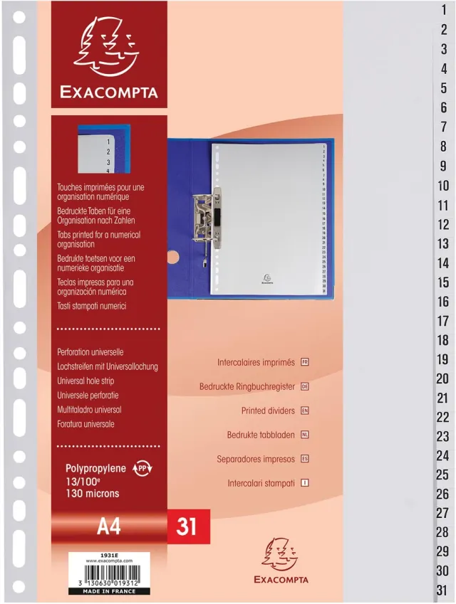 Exacompta tabbladen numeriek voor ft A4, uit PP, 31 tabs, grijs zwart